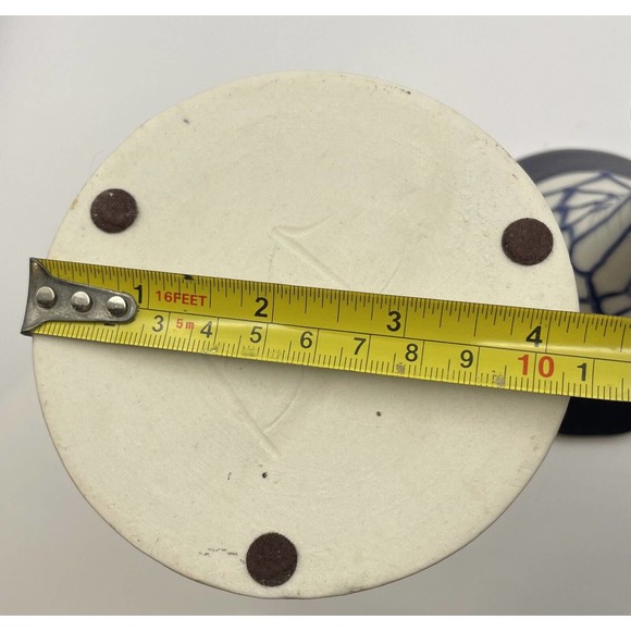 2 Vintage Pottery Candlestick Holders Geometric / Web Design Cobalt Blue & White - Picture 14 of 14